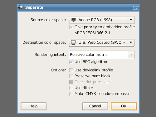 Если вам требуется разделение CMYK, загрузите плагин Separate + с   Yellowmagic   ,  Сохраните ZIP-файл, распакуйте плагин в папку плагинов GIMP, затем перезапустите программу